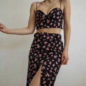 Zara black linen floral two piece sleeveless crop top midi skirt set with slit